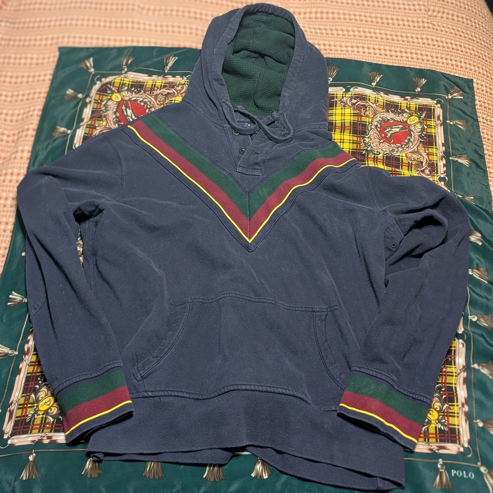 Vintage Polo by Ralph Lauren Quarter Button Down Men's Hooded Sweatshirt Size XL